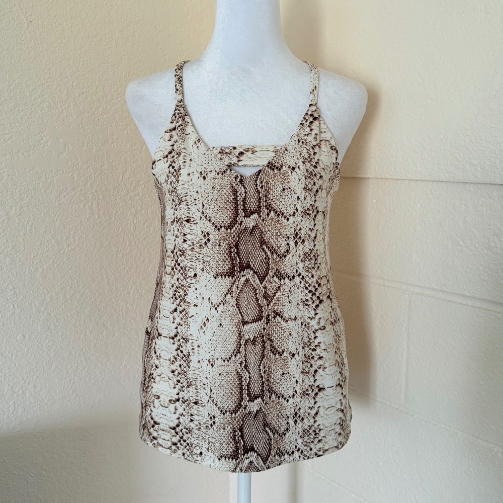 Bar‎ III Cami Top Women XS Brown Snakeskin Print Cutout Back Zip Neutral Edgy
